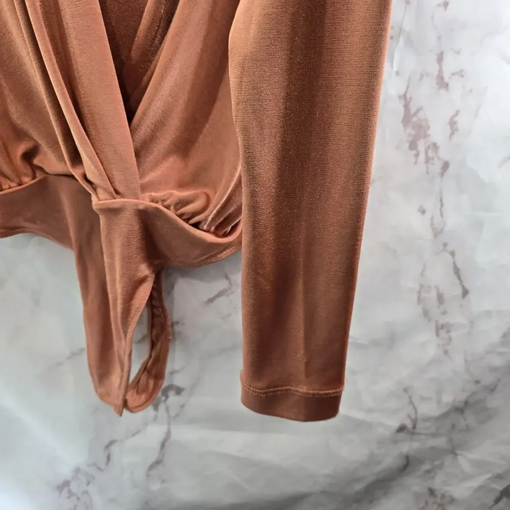 Free People Bodysuit Womens Large Peach Turnt Long Sleeve V Neck Thong Ginger